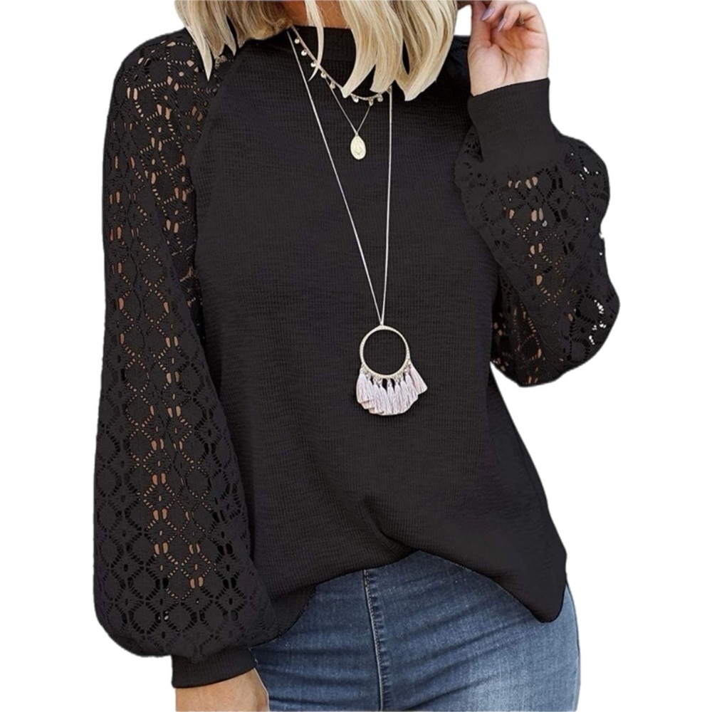 MIHOLL Long‎ Sleeve Lace Detail Blouse- Black
